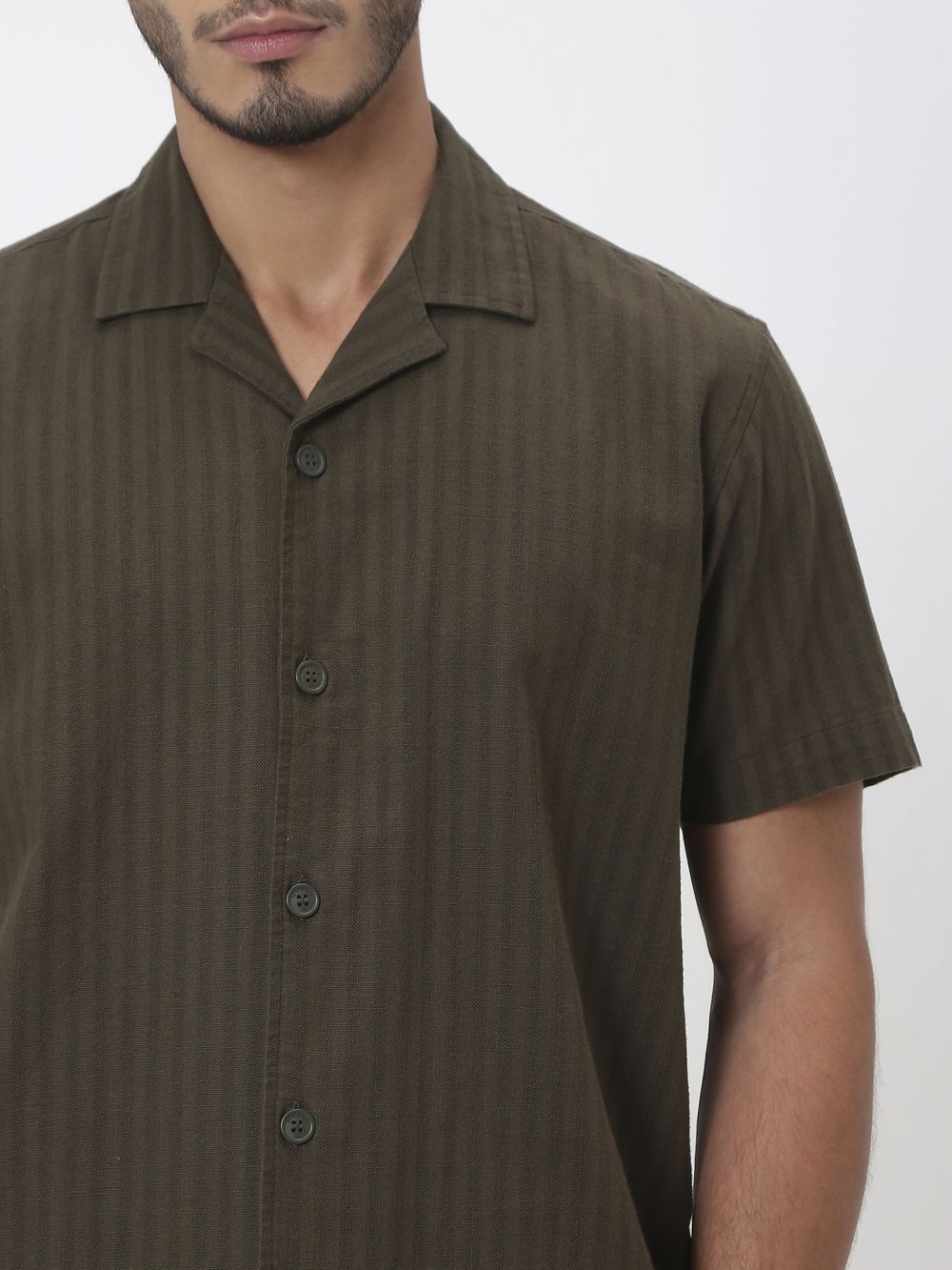 Olive Self-Stripe Plain Relaxed Fit Casual Shirt