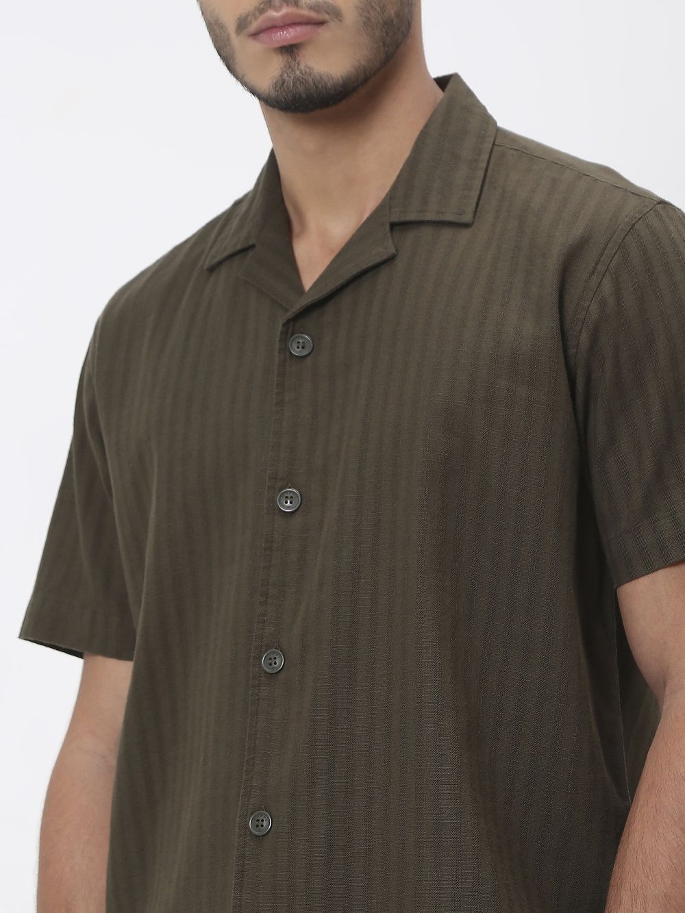 Olive Self-Stripe Plain Relaxed Fit Casual Shirt