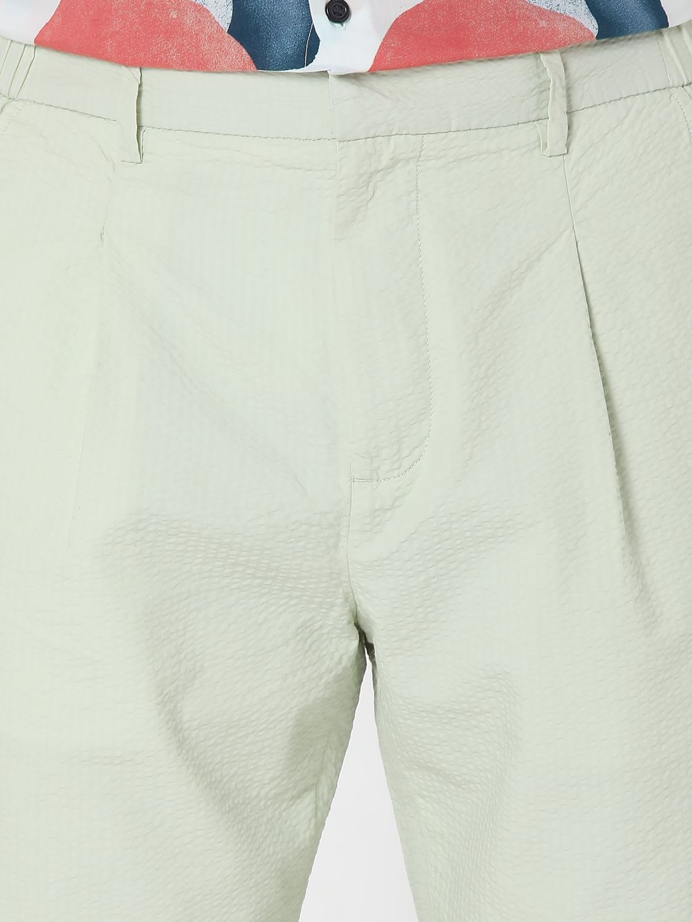 Light Green Relaxed Tapered Fit Seersucker Single Pleat Trouser