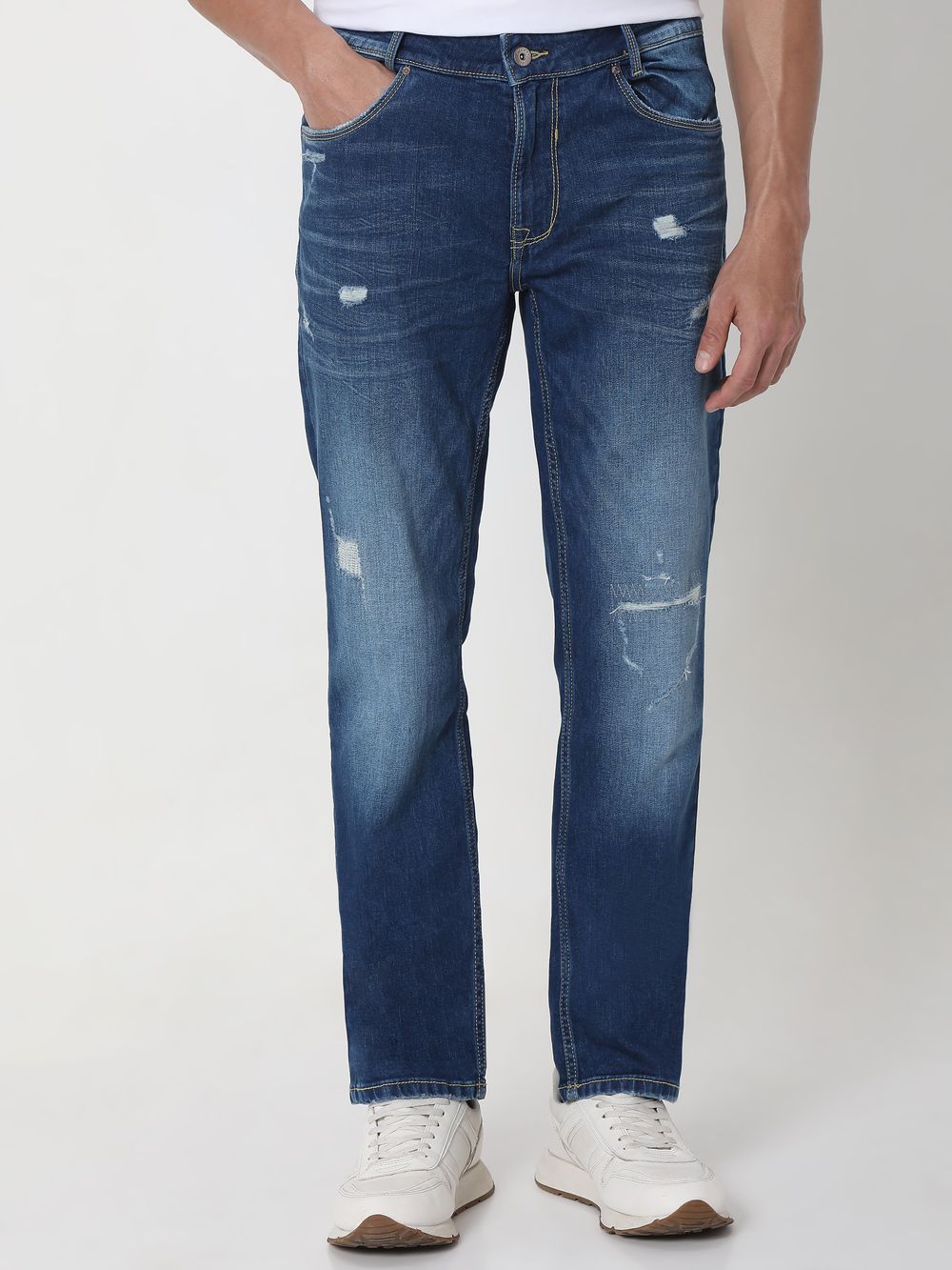 Mid Blue Super Slim Fit Distressed Stretch Jeans