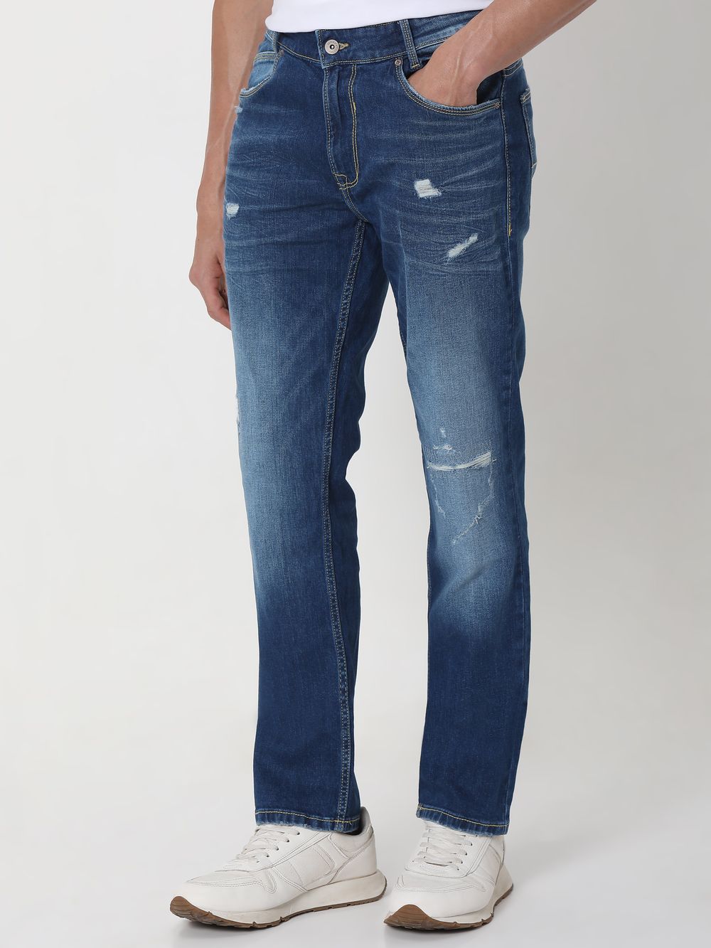 Mid Blue Super Slim Fit Distressed Stretch Jeans