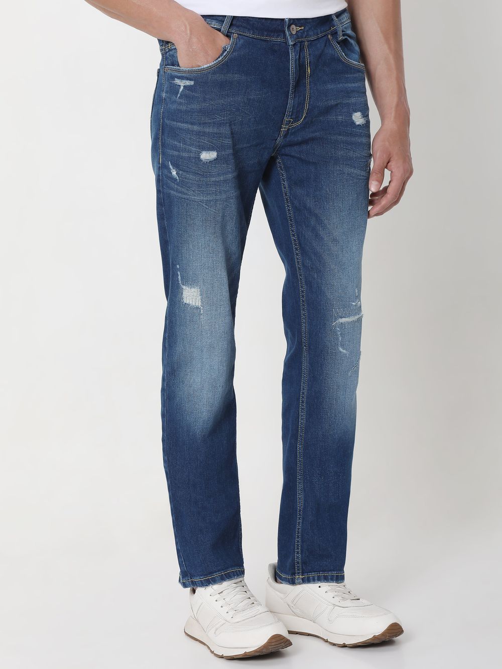 Mid Blue Super Slim Fit Distressed Stretch Jeans