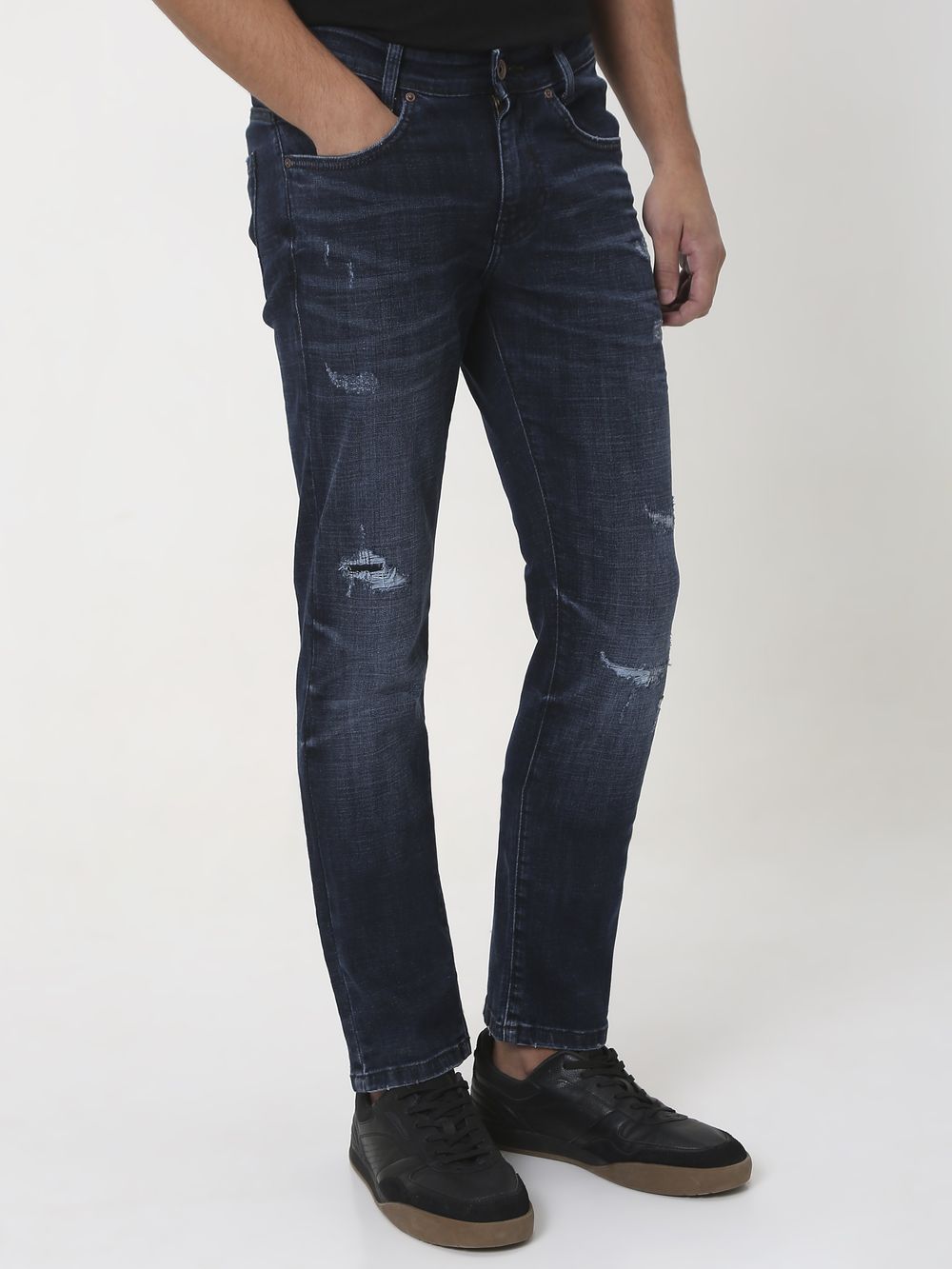 Deep Indigo Blue Super Slim Fit Distressed Stretch Jeans