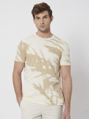 Beige Leaf Print Slim Fit Casual T-Shirt