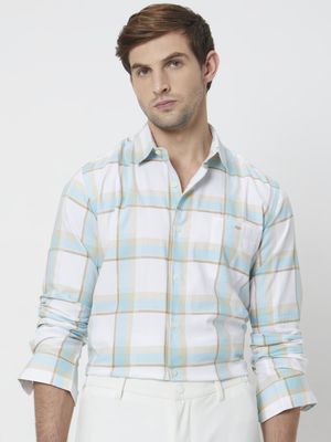 Turquoise & Off White Large Check Slim Fit Casual Shirt