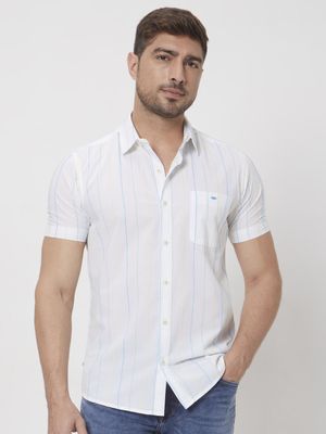 White Textured Stripe Slim Fit Casual Shirt