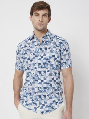 Blue Floral Checkerboard Print Slim Fit Casual Shirt