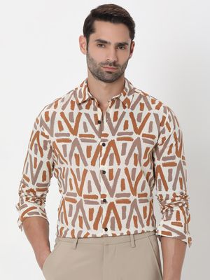 Beige Geometric Print Slim Fit Casual Shirt