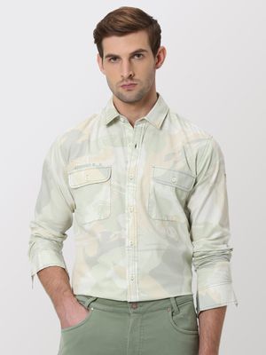 Light Olive Camo Print Slim Fit Casual Shirt