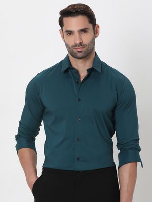 Green Stretch Plain Slim Fit Casual Shirt