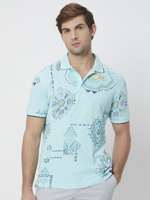 Light Blue Tribal Print Slim Fit Polo T-Shirt