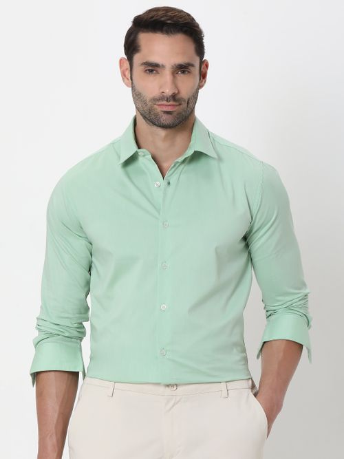 Light Green Stretch Plain Slim Fit Casual Shirt