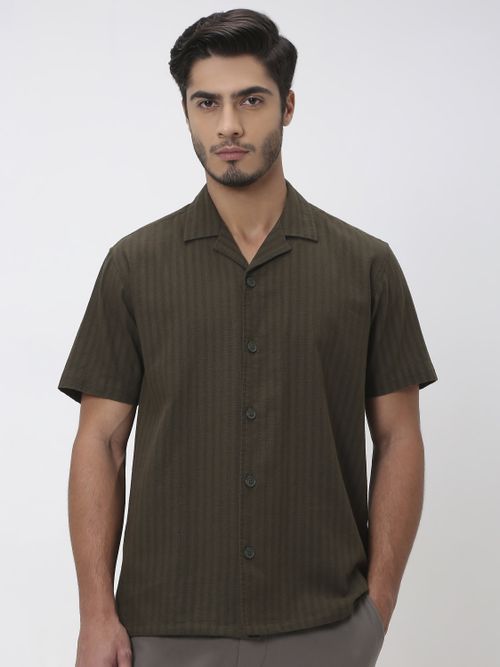 Olive Self-Stripe Plain Relaxed Fit Casual Shirt