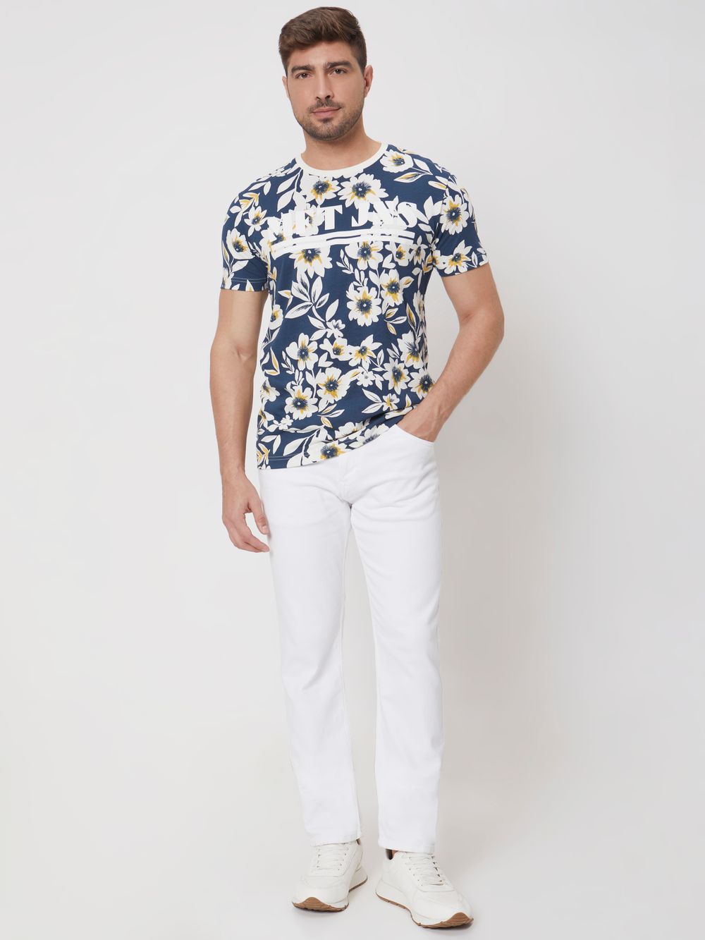 Navy Floral Print Slim Fit Jersey T-Shirt