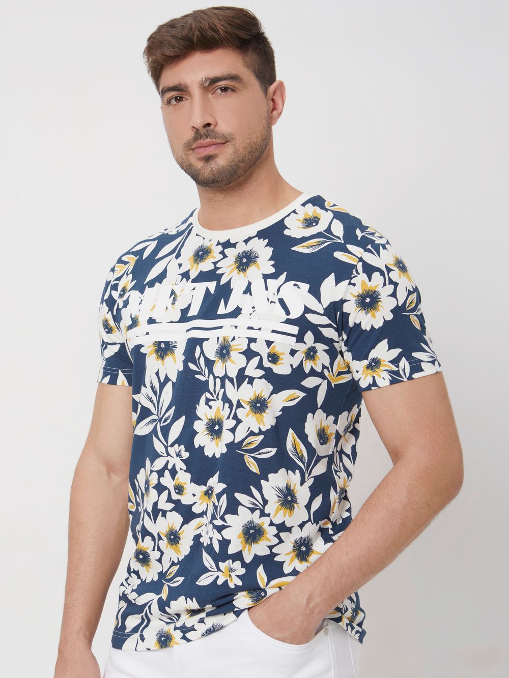 Navy Floral Print Slim Fit Jersey T-Shirt