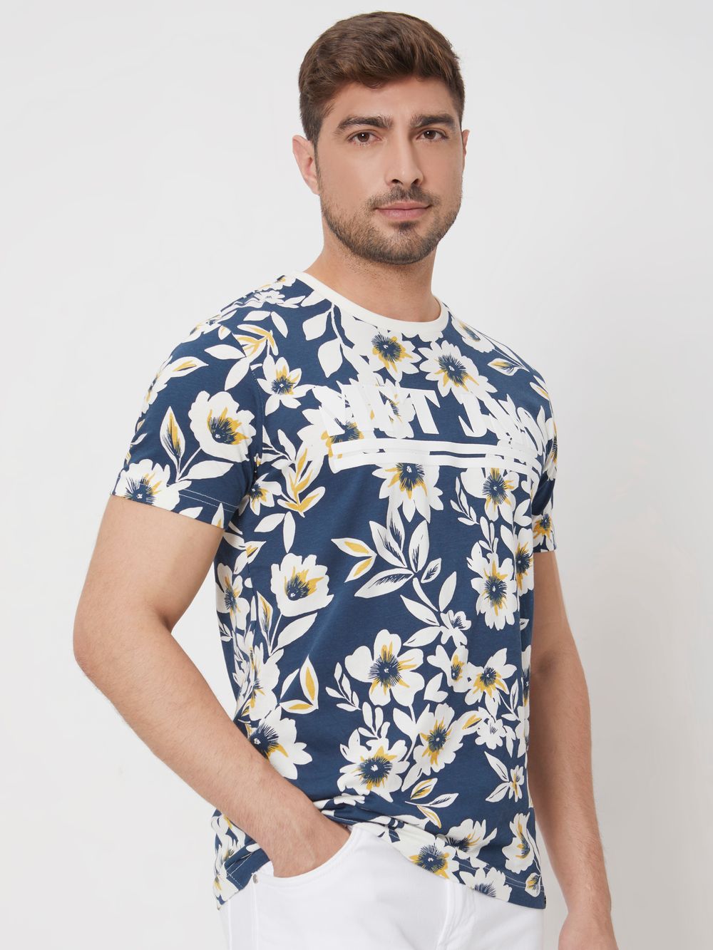 Navy Floral Print Slim Fit Jersey T-Shirt