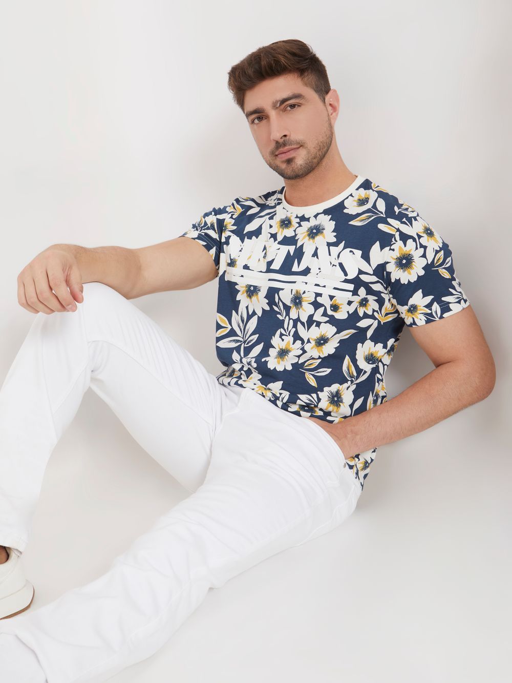 Navy Floral Print Slim Fit Jersey T-Shirt