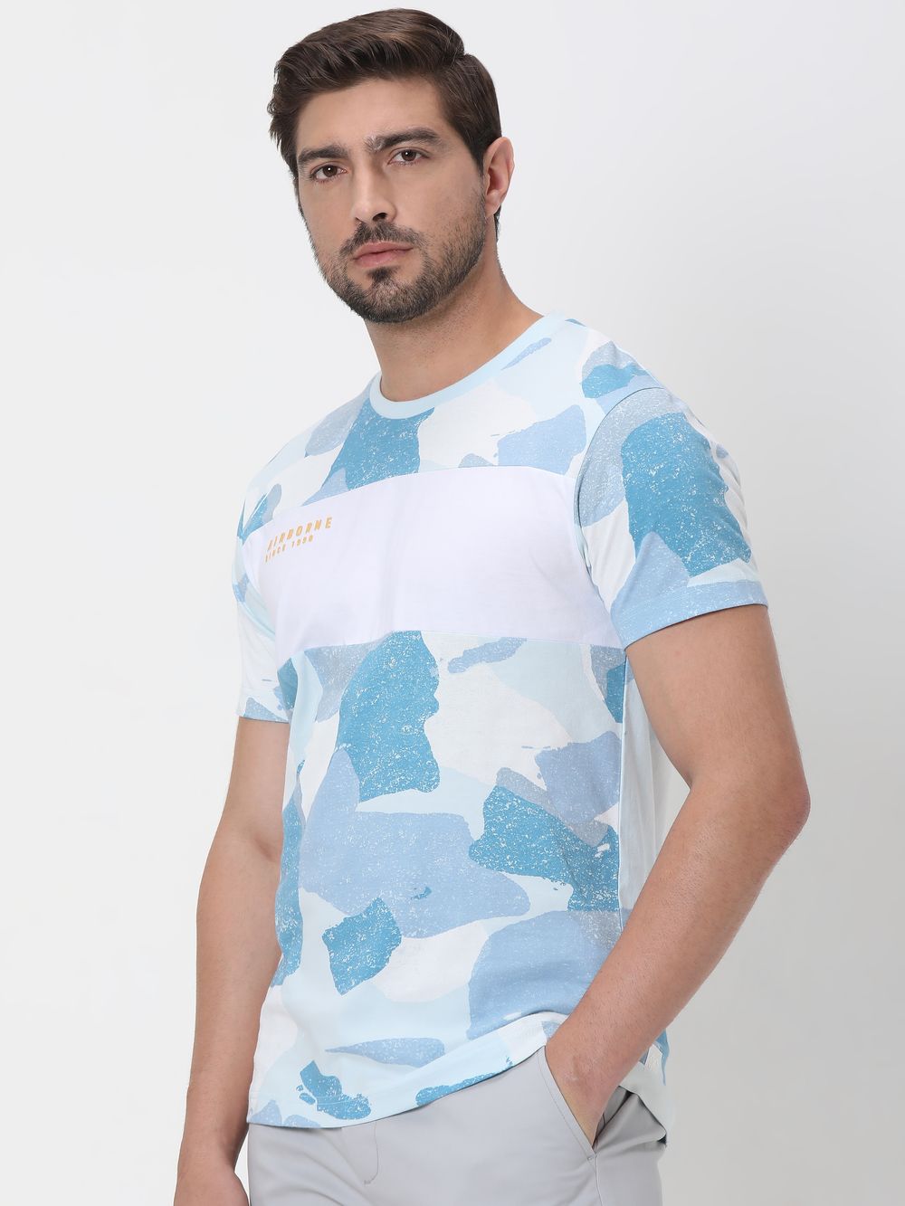 Light Blue Camo Cut & Sew Slim Fit T-Shirt