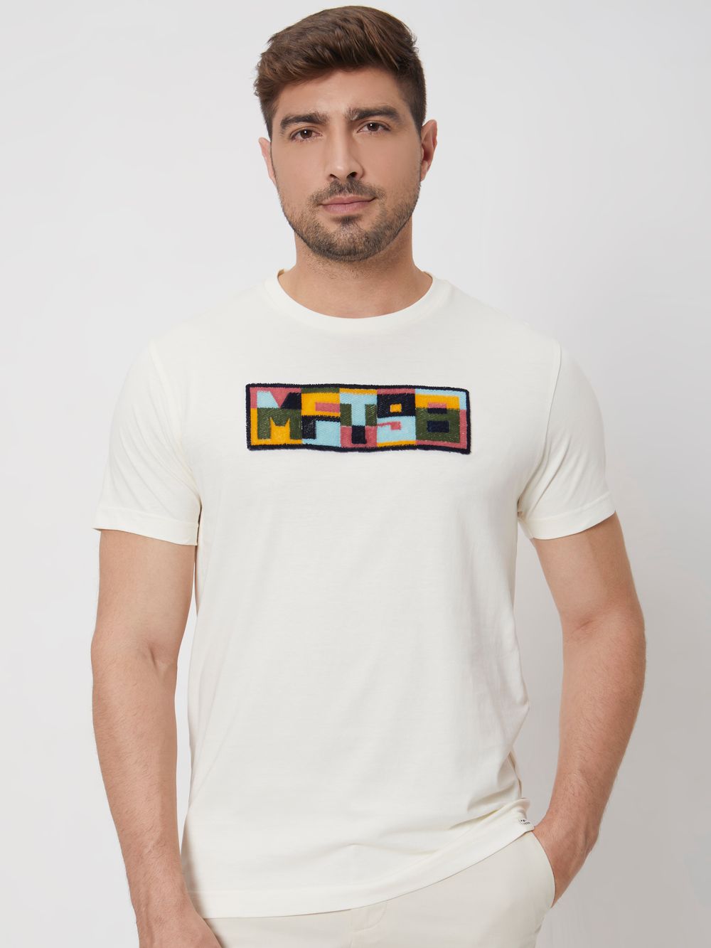 Off White Textured Graphic Slim Fit Jersey T-Shirt