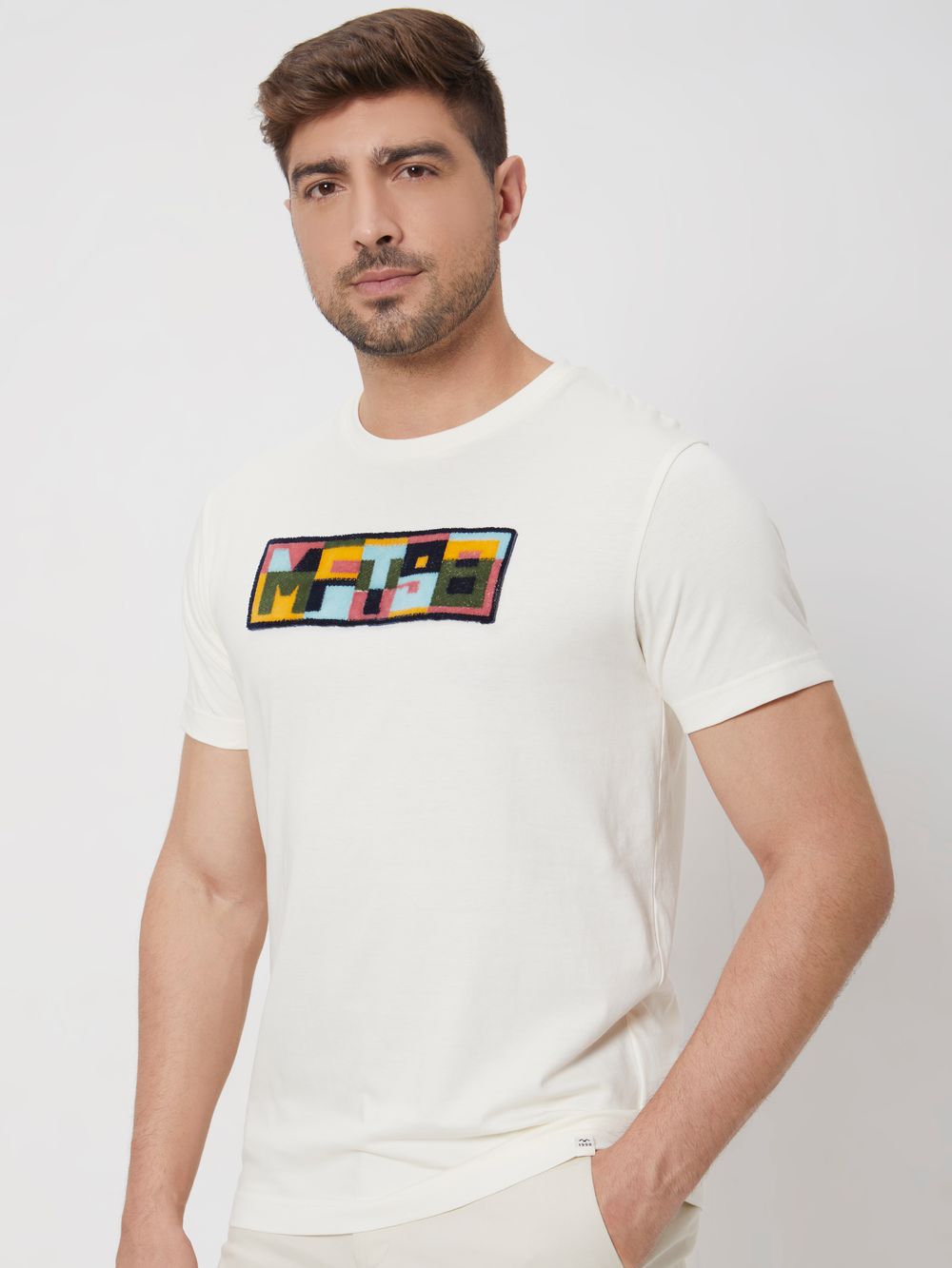 Off White Textured Graphic Slim Fit Jersey T-Shirt