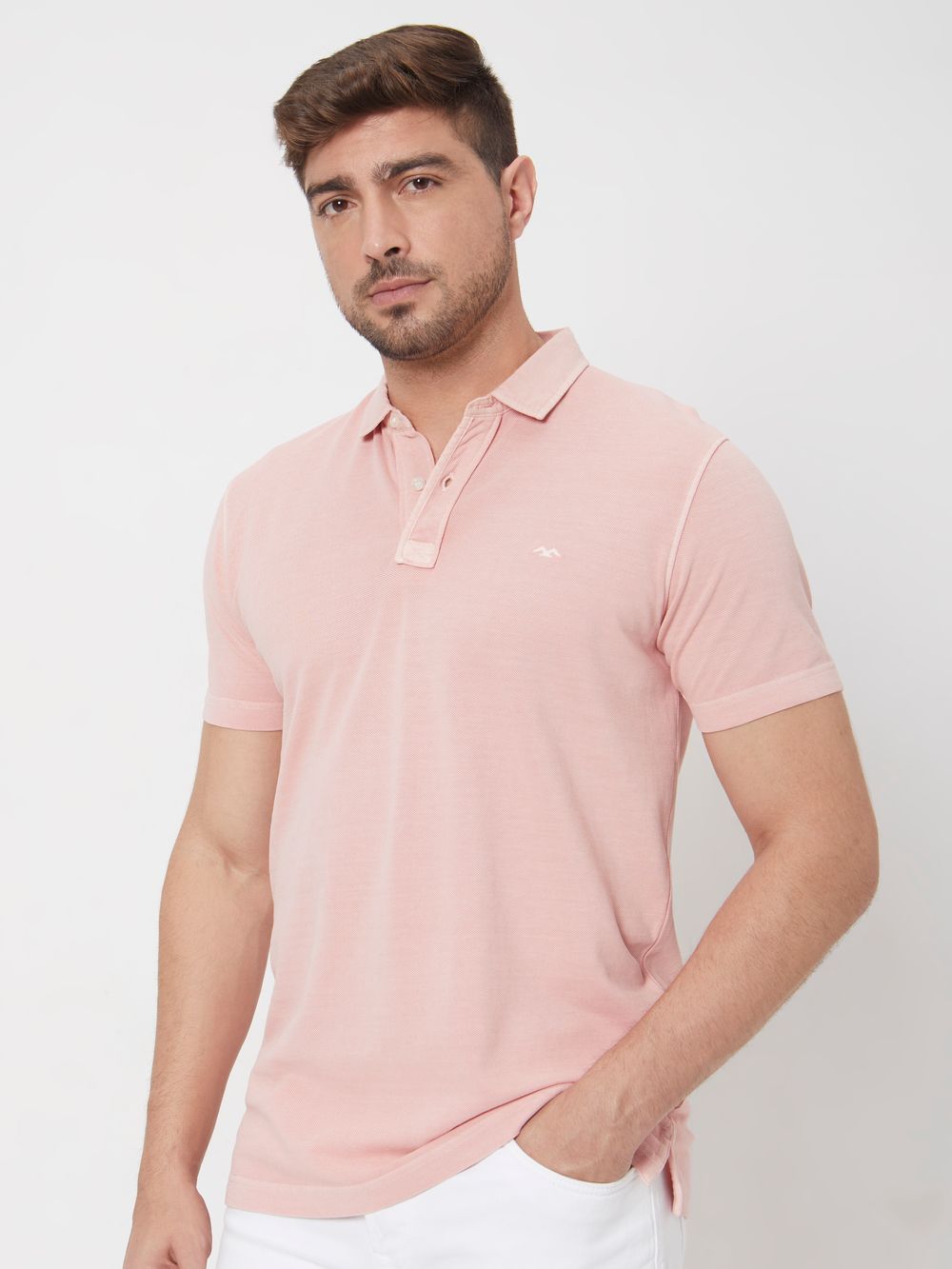 Pink Logo Embroidered Plain Slim Fit Pique Polo T-Shirt