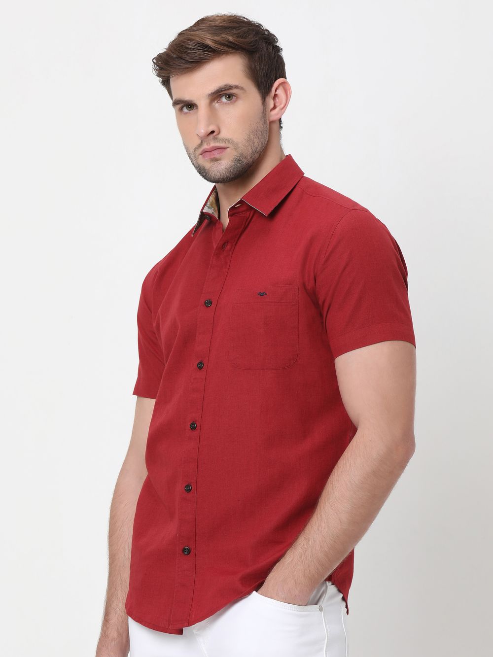 Red Cotton Linen Plain Shirt
