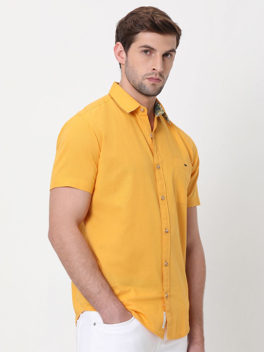 Yellow Cotton Linen Plain Shirt