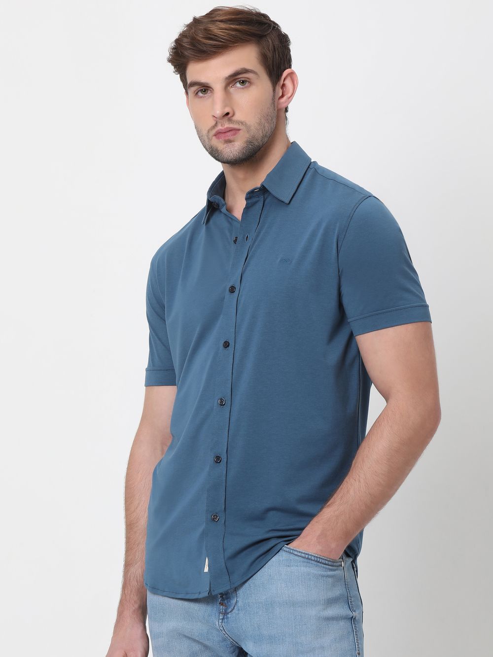 Blue Stretch Plain Shirt