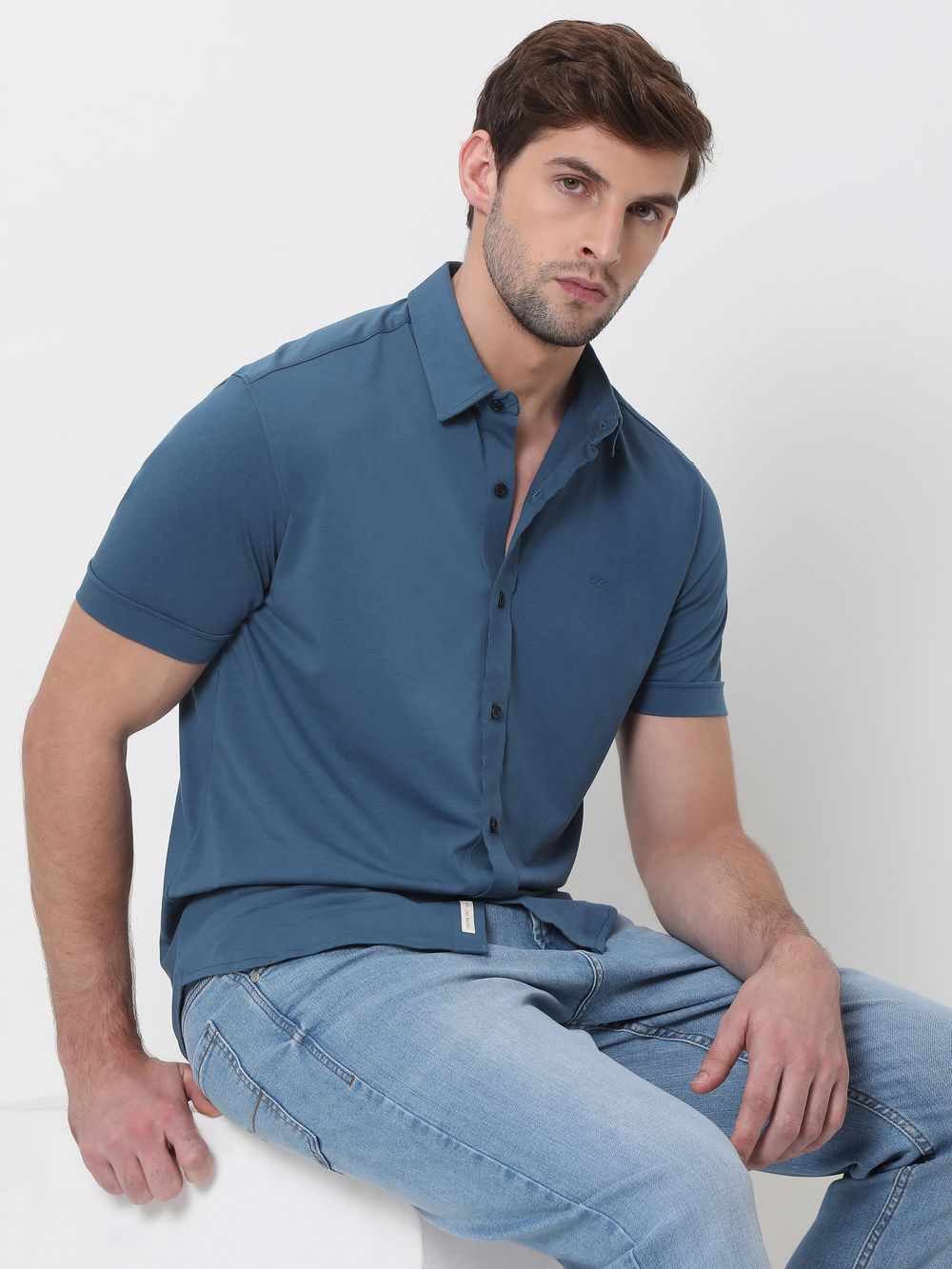 Blue Stretch Plain Shirt
