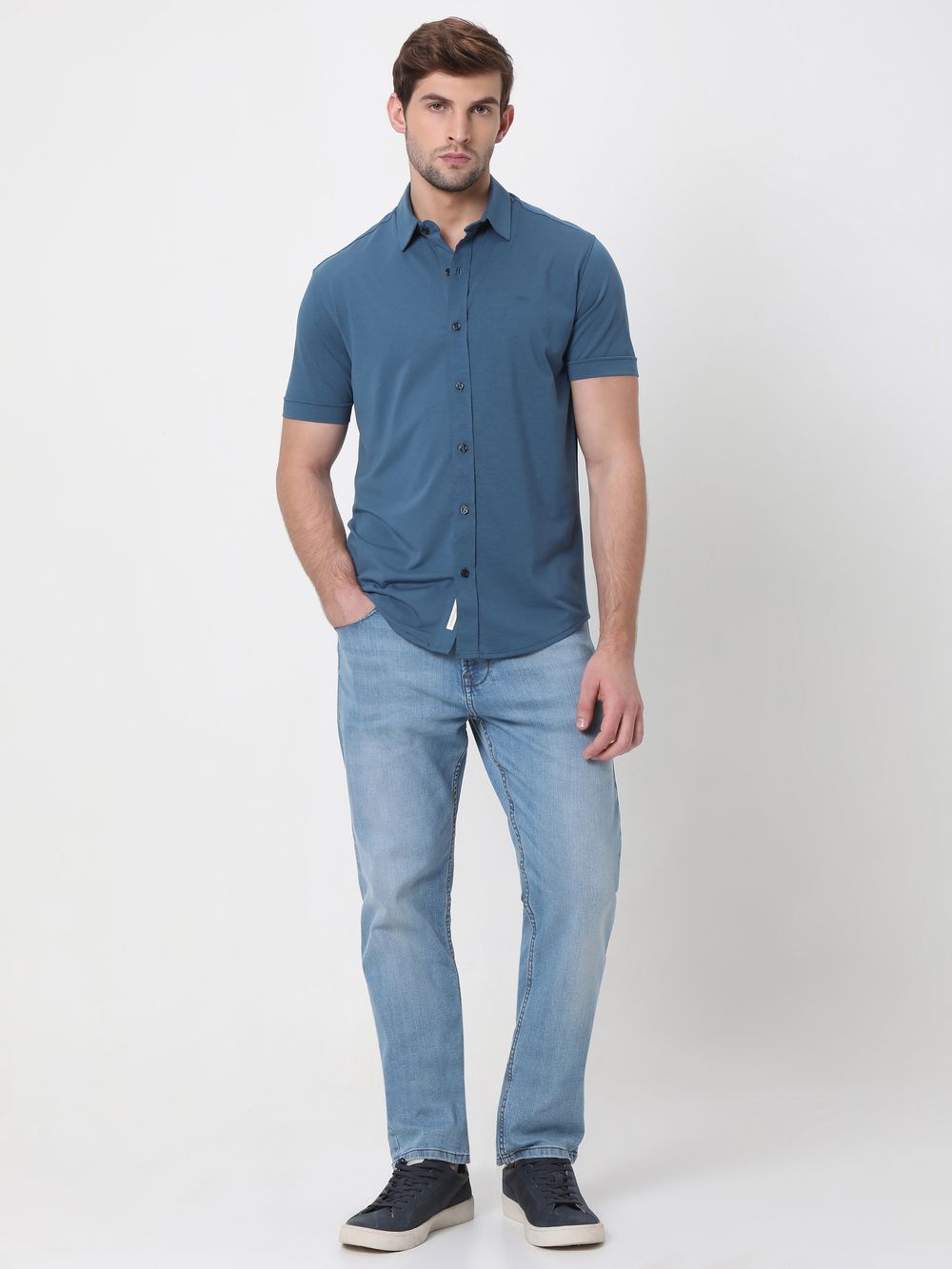 Blue Stretch Plain Shirt