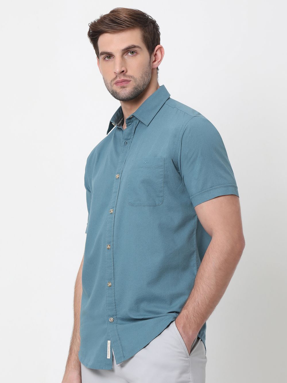 Blue Textured Plain Slim Fit Casual Shirt