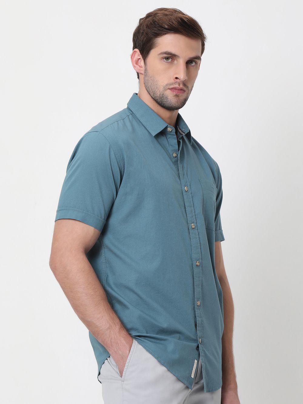 Blue Textured Plain Slim Fit Casual Shirt