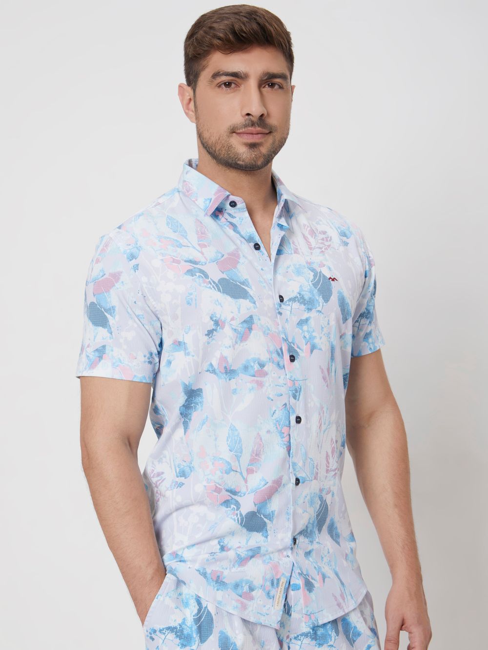 Light Blue Digital Print Slim Fit Casual Shirt