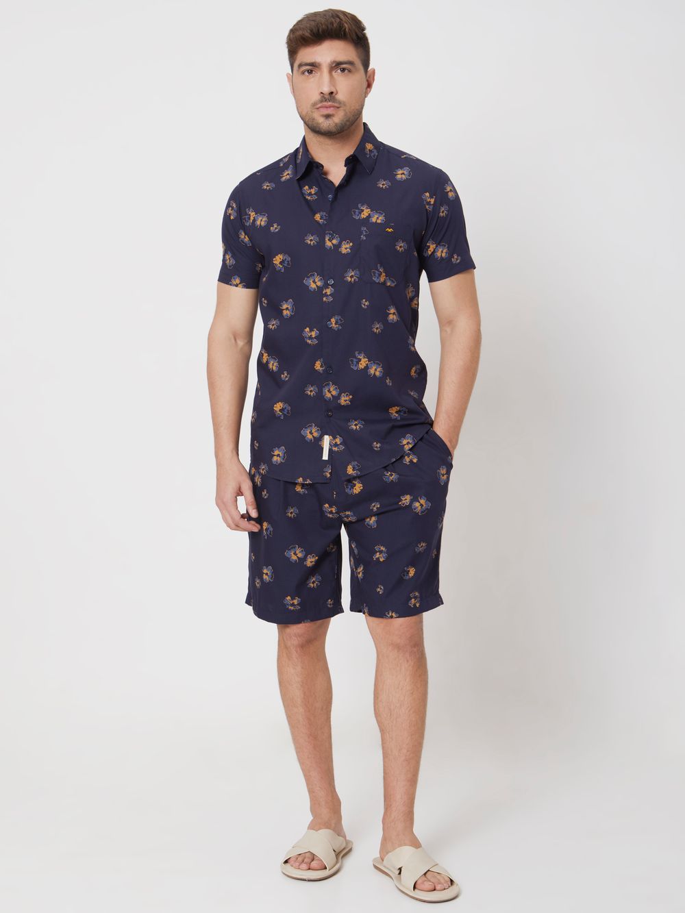 Navy Floral Print Slim Fit Casual Shirt