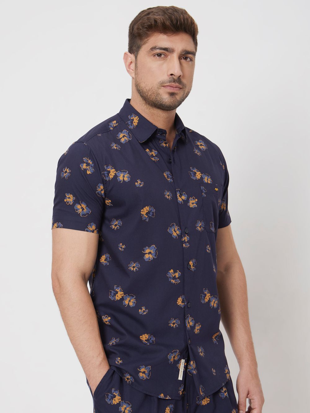 Navy Floral Print Slim Fit Casual Shirt