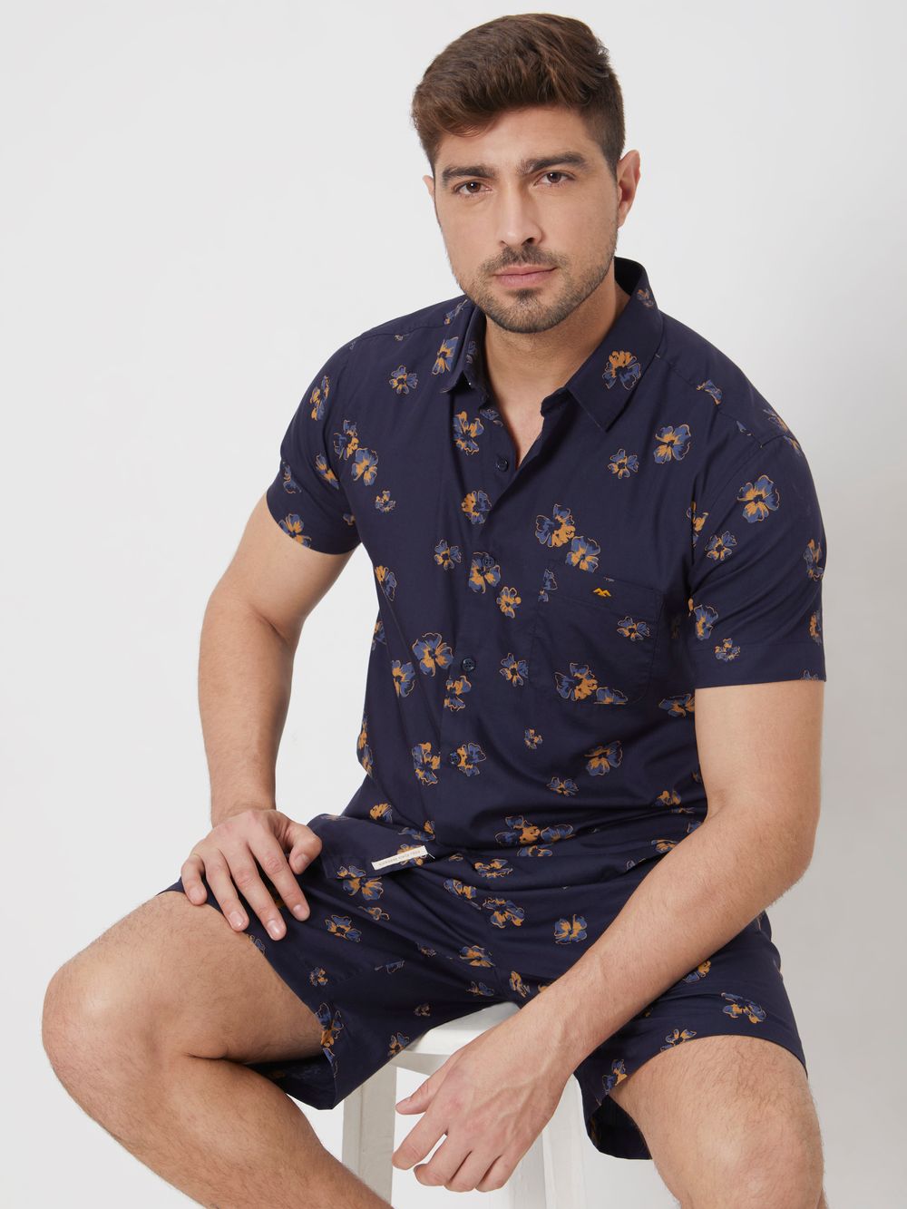 Navy Floral Print Slim Fit Casual Shirt