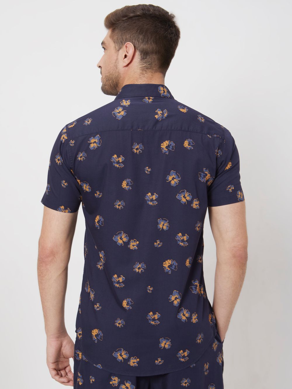 Navy Floral Print Slim Fit Casual Shirt