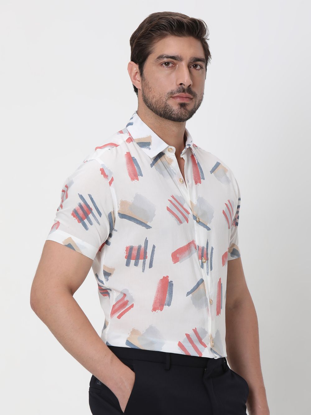 White Geometric Print Slim Fit Casual Shirt