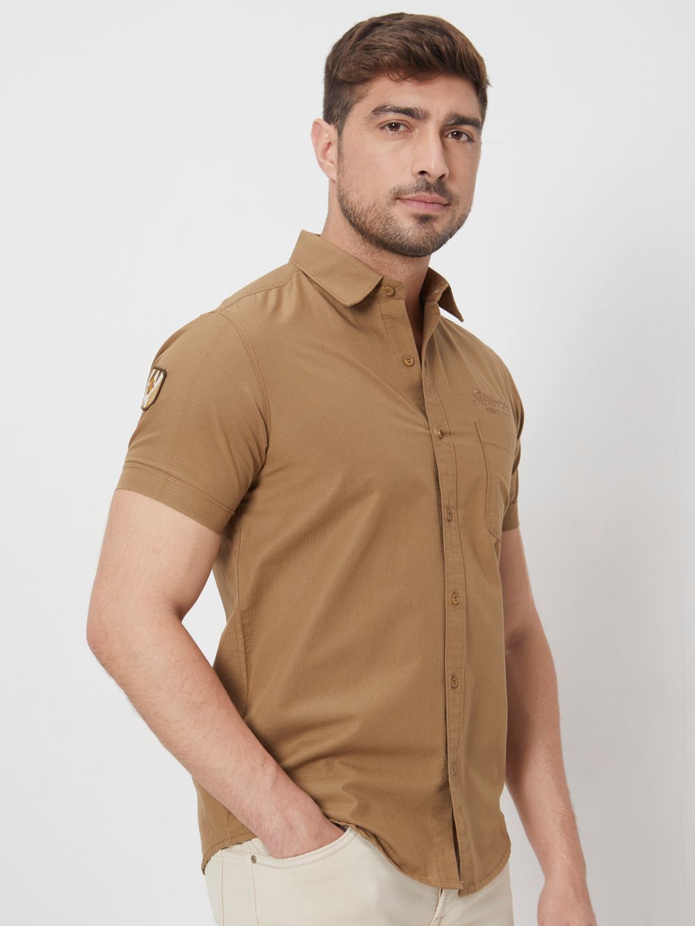 Light Khaki Badged Plain Slim Fit Casual Shirt