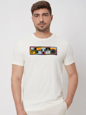 Off White Textured Graphic Slim Fit Jersey T-Shirt