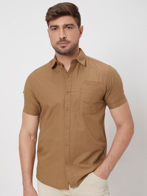 Light Khaki Badged Plain Slim Fit Casual Shirt