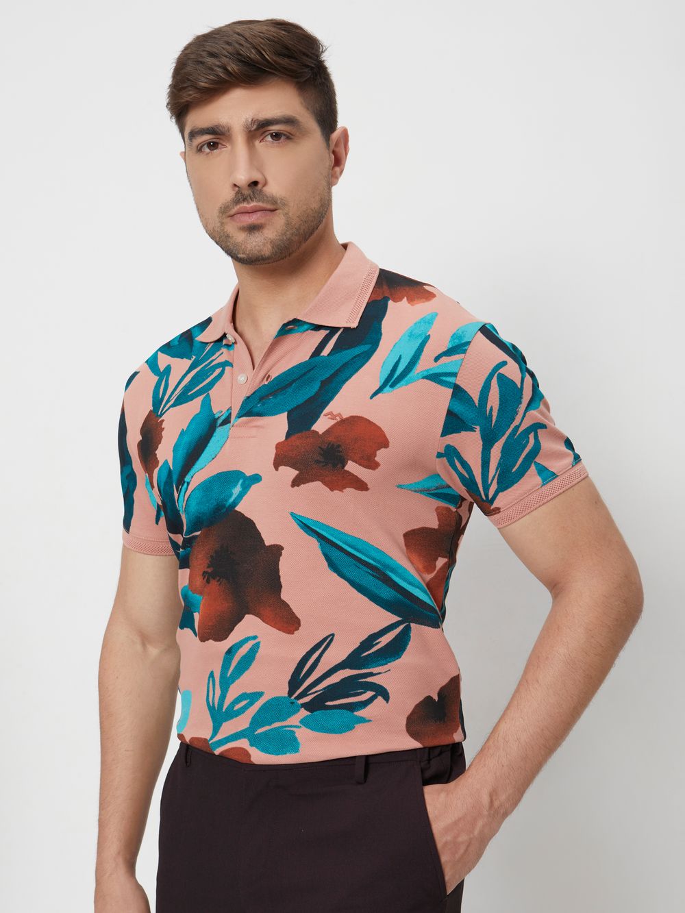 Pink Floral Print Slim Fit Polo T-Shirt