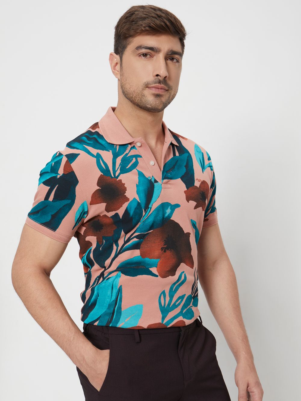 Pink Floral Print Slim Fit Polo T-Shirt
