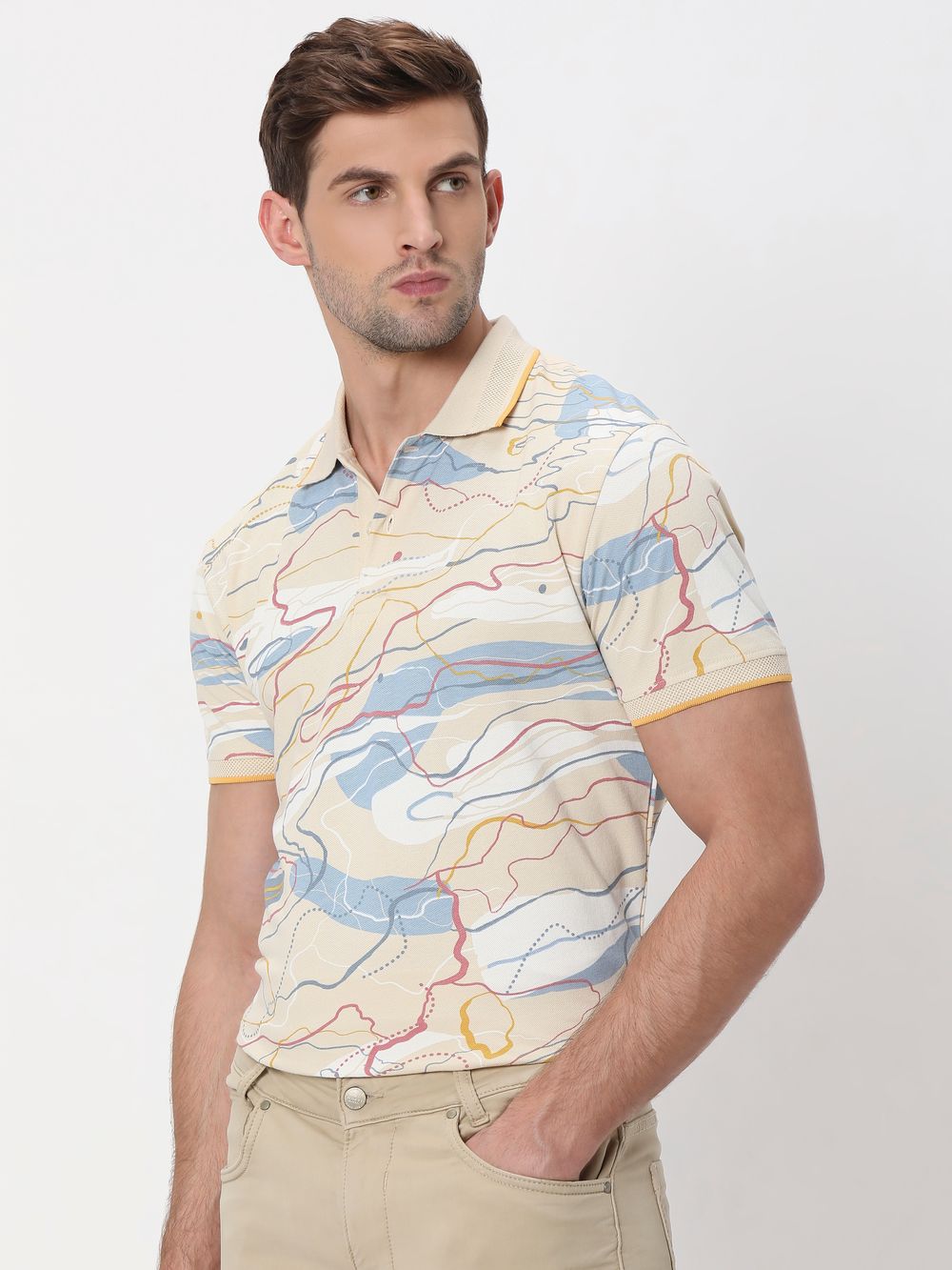 Beige Abstract Print Slim Fit Pique Polo T-Shirt