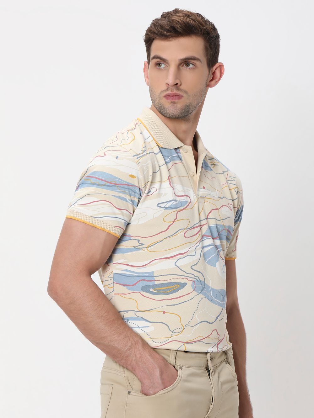 Beige Abstract Print Slim Fit Pique Polo T-Shirt