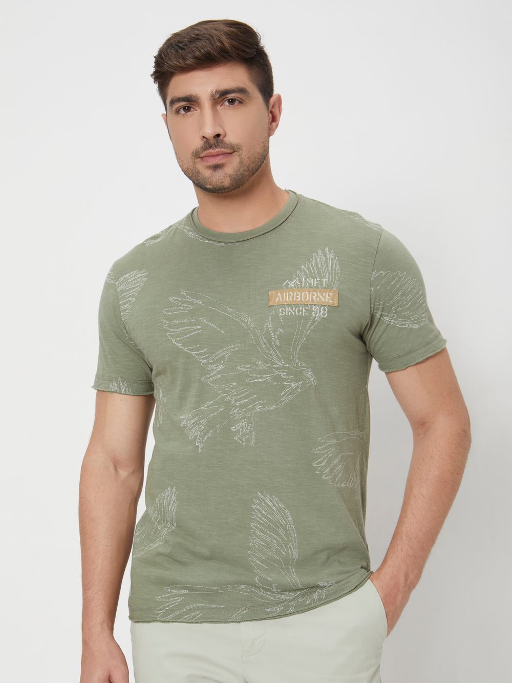 Light Olive Embroidered Print Slim Fit Slub Jersey T-Shirt