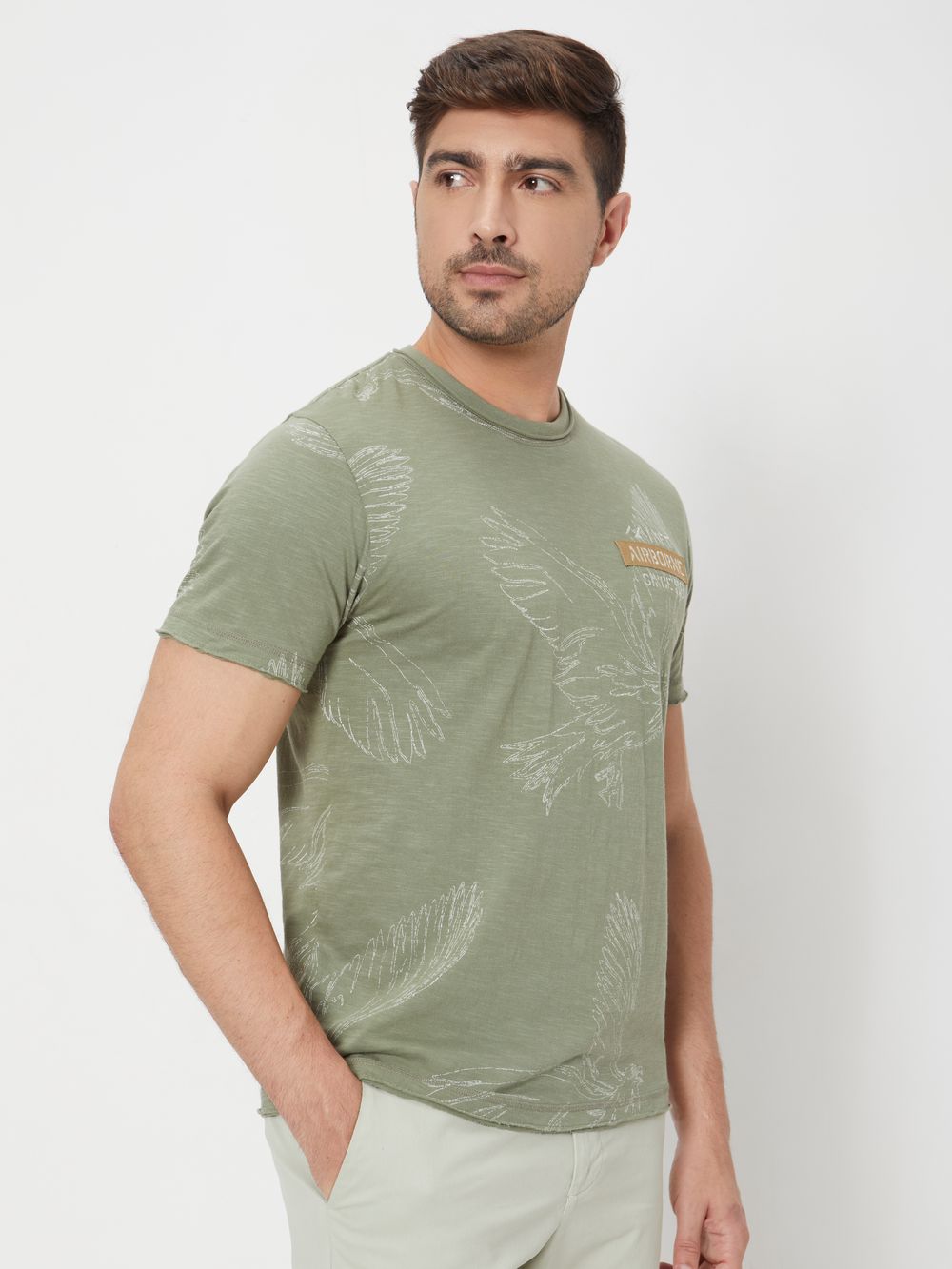 Light Olive Embroidered Print Slim Fit Slub Jersey T-Shirt