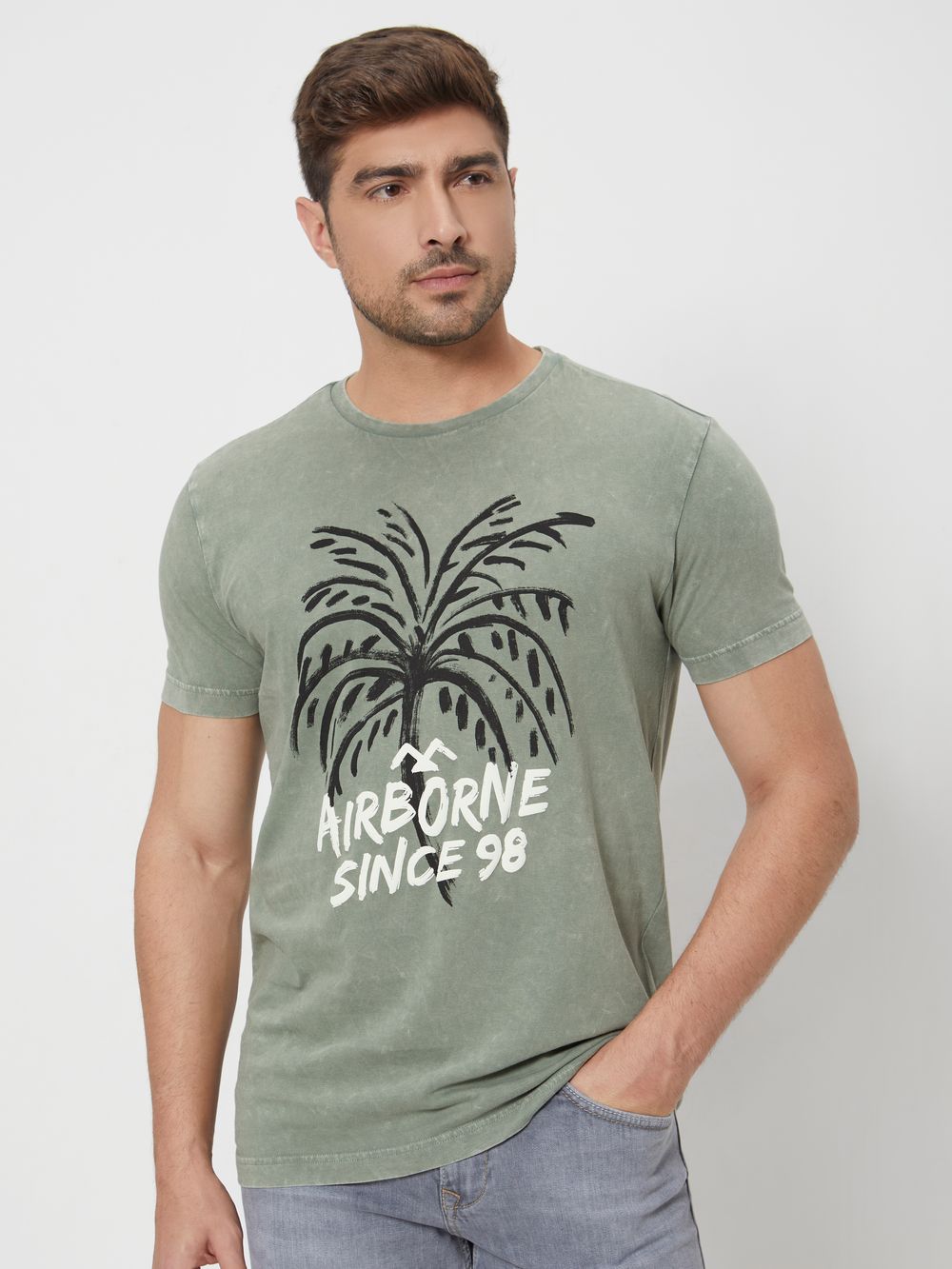 Light Olive Graphic Print Slim Fit Jersey T-Shirt