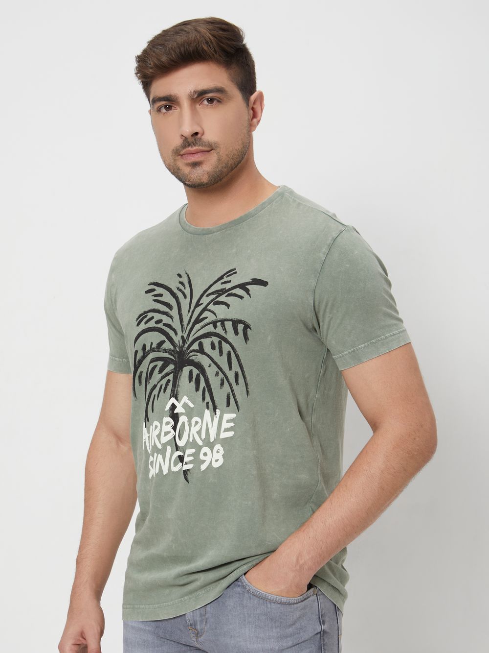 Light Olive Graphic Print Slim Fit Jersey T-Shirt