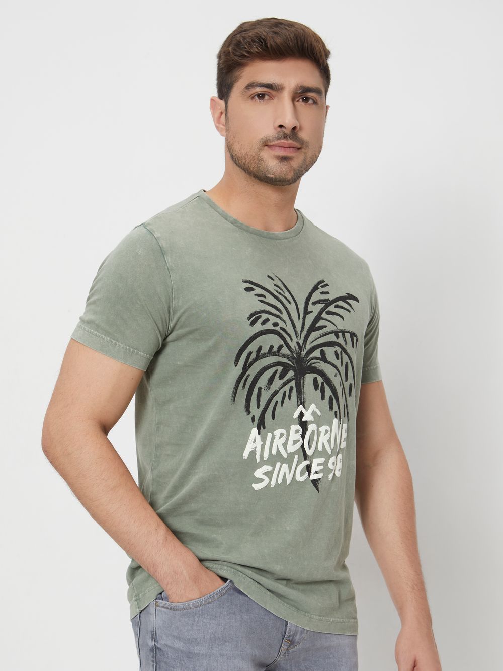 Light Olive Graphic Print Slim Fit Jersey T-Shirt